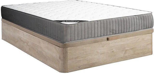 YSMÉE Bettgestell aus Massivholz mit Matratze, Lattenrost und Bettkasten in Naturfarben Hell/Beige, B/T/H: 140 x 190 x 30 cm - Bild 1