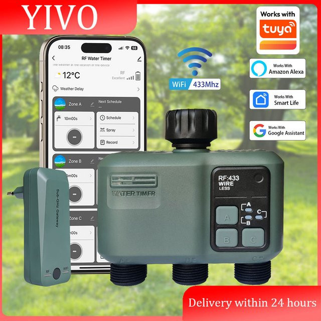 BAIHUAN WLAN Smart Garten-Sprinkler-Wassertimer mit 3-Wege-Regenverzögerung und Filter, programmierbarer automatischer Bewässerungscontroller für Tuya, Grau - Bild 1