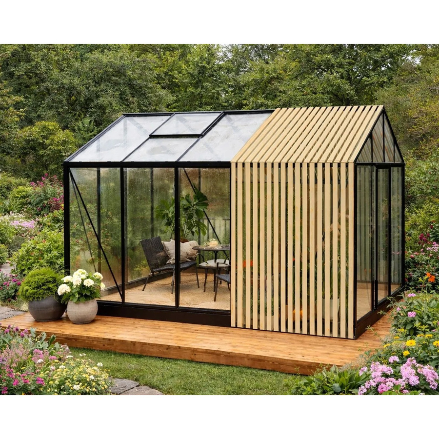Bloomcabin Premium-Qualität Gewächshaus Accoya-Fusion GHCAF4 in Schwarz mit Sicherheitsglas, Aluminium, Accoya-Holz, integrierten Dachfenstern und Belüftungssystem - Bild 2