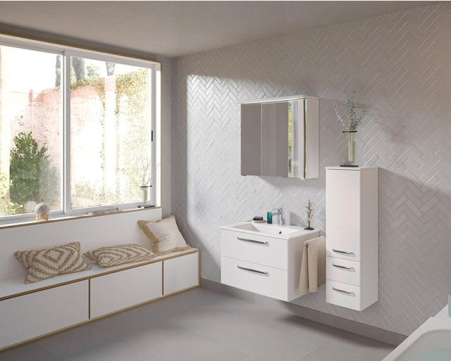 Pelipal Badmöbel-Set Trentino in Weiß mit Glaswaschtisch, Waschtischunterschrank, Spiegelschrank und Midischrank - Bild 1