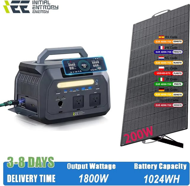 IEE INITIAL ENTROPY ENERGY Tragbare Ladestation 1024Wh mit 1800W und 200W faltbarem Solarpanel in Schwarz - Bild 1