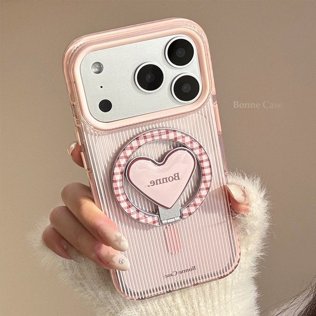 Potdemiel Handyhülle mit koreanischem Streifenmuster und Gitter-Herz-Magnethalterung für iPhone 17 16 15 14 13 12 Pro Max in Pink, stoßfeste weiche Schutzhülle - Bild 1
