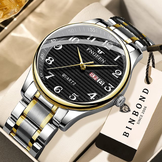 BINBOND Herrenuhr, Quarz, Edelstahl, Schwarz, Bicolor, Datum, Wochentag - Bild 1