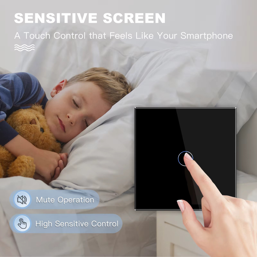 Besamen Touchscreen Lichtschalter mit LED-Hintergrundbeleuchtung und Glasscheibe, Schwarz, 1-Wege, max. 300W - Bild 3