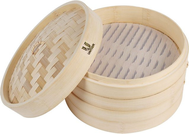Doppelschichtiger Bambus-Dampfgarer mit Deckel und Stoffeinlage in Braun und Beige für Fisch und Fleisch - Bild 1