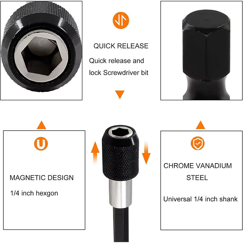 Magnetisches Quick Release Bit Set mit 1/4 Zoll Hex Schaft, Verlängerung und Adapter für Schrauben und Muttern, Schwarz - Bild 3