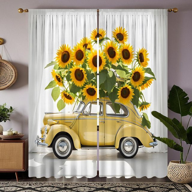 2er-Set dekorative Sonnenblumen Vorhänge in Gelb mit floralem Digitaldruck für Wohnzimmer und Schlafzimmer, B: 132 cm, H: 160 cm - Bild 1