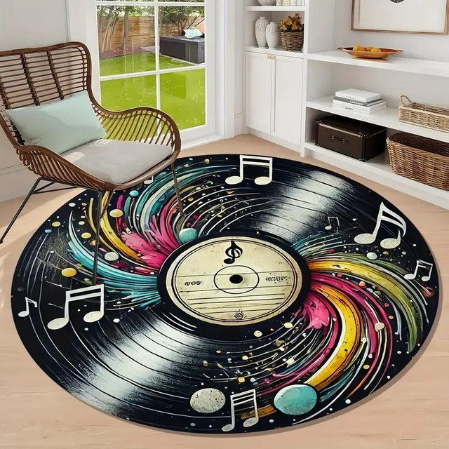 Lodestar Retro Schallplatten Teppich Rund, Mehrfarbig, Durchmesser: 80 cm - Bild 1