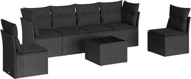 vidaXL 7-tlg Garten-Sofagarnitur in L-Form aus Polyrattan mit Kissen und Tisch in Schwarz - Bild 1