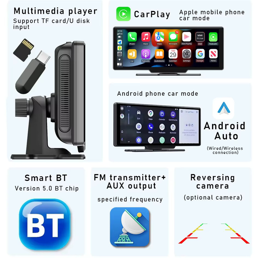 Develuck Auto-Multimedia-Player mit 10,26 Zoll Display, kabelloses CarPlay, Android Auto, GPS-Navigation, Video-Spiegelmonitor, Bluetooth und Stereo in Schwarz - Bild 3