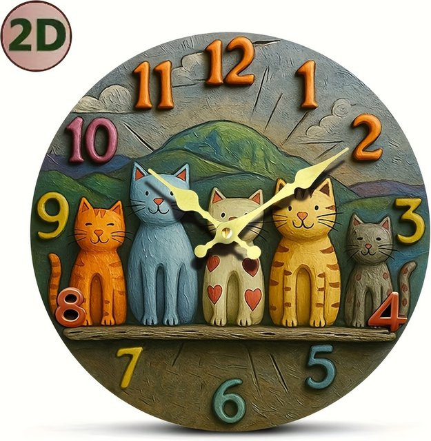 Home Decorators Runde Wanduhr aus Holz mit Katzen-Design, geräuschloses analoges Quarzwerk - Bild 1