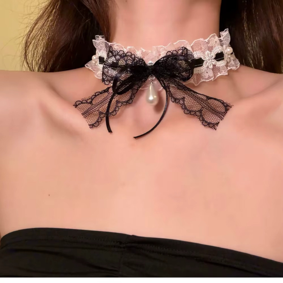 genenic Halsband-Halskette, Schwarz, Spitze, Schleife, Gothic, Mädchen - Bild 1