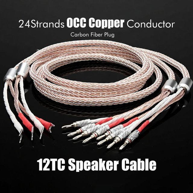Preffair 12TC High-End Lautsprecherkabel aus 7N OCC Kupfer-Bitdraht in Multicolour mit 2 Spatensteckern und 4 Bananensteckern für Audio-Verstärker - Bild 1