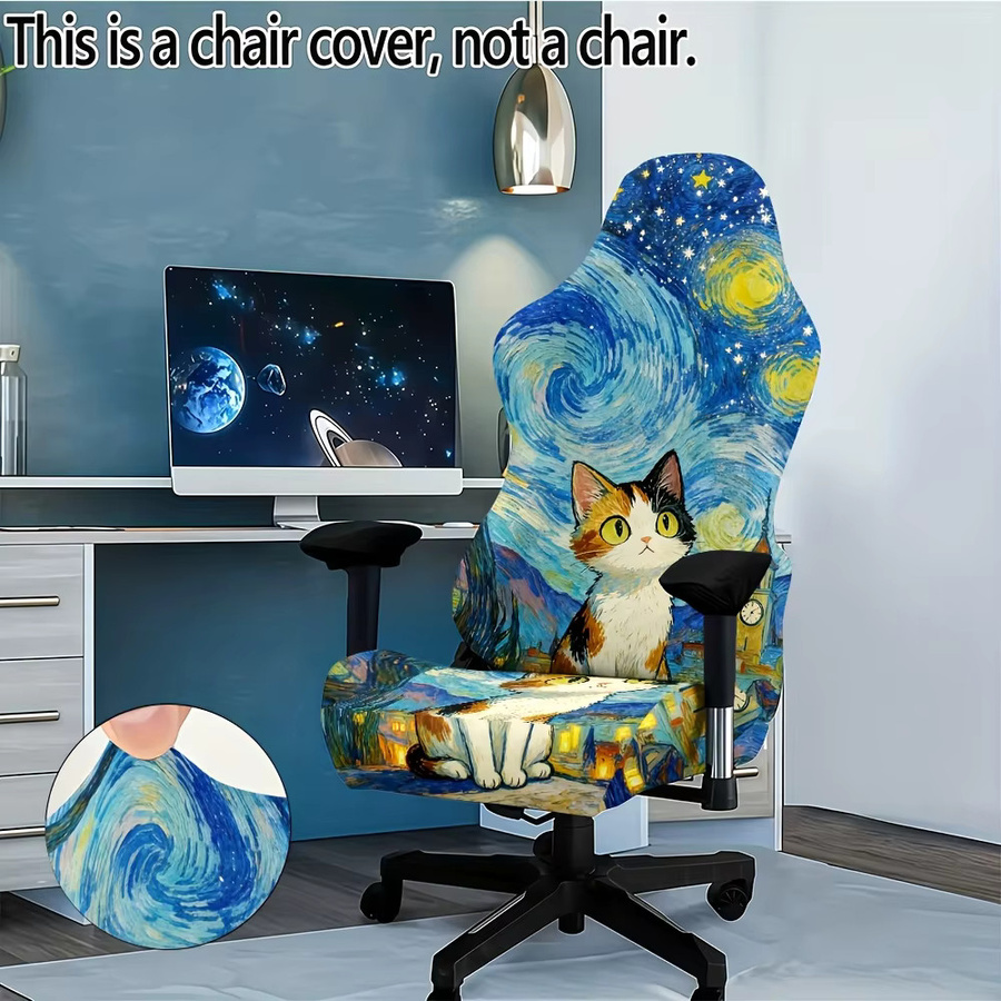 Gaming-Stuhlbezug mit niedlichen Katzen unter der Sternennacht, UV-Schwarzlicht leuchtend, Blau, Polyester - Bild 3