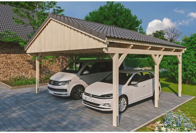 Skan Holz Carport Fichtelberg aus Fichte und Leimholz in Beige mit spitzer Dachform, B/T: 618 x 566 cm, Höhe: 362 cm - Bild 1
