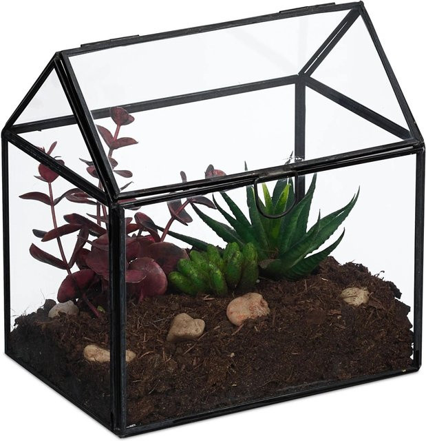 Relaxdays Pflanzenterrarium in Hausform aus Glas und Zinn, Schwarz, B: 16 cm, T: 16 cm, H: 11,5 cm - Bild 1