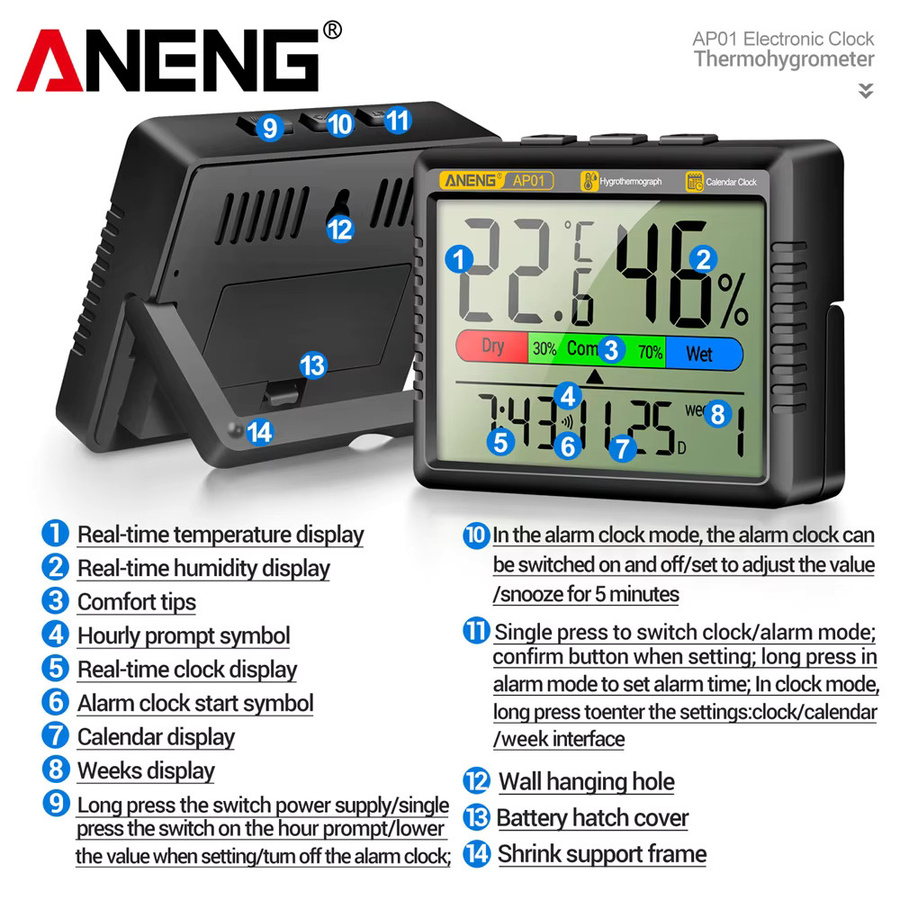 ANENG AP01 Digitales Thermohygrometer in Schwarz mit Schlummerfunktion, Alarmmodus und Hochpräzisions-Luftthermometer sowie Feuchtigkeitsmesser - Bild 5