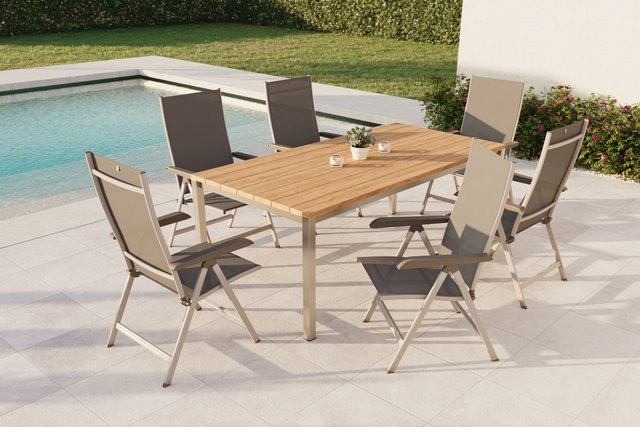 Kettler BasicPlus Garten-Essgruppe mit Tisch und 6 Sesseln aus Teakholz, Edelstahl und Aluminium in Silber und Anthrazit - Bild 1