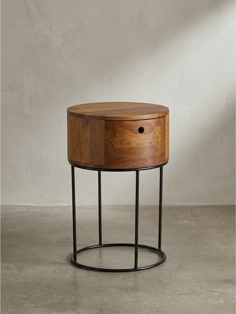 Kadima Design Nachtkonsole aus Massivholz rund in Braun mit Schublade und feiner Maserung - Bild 1