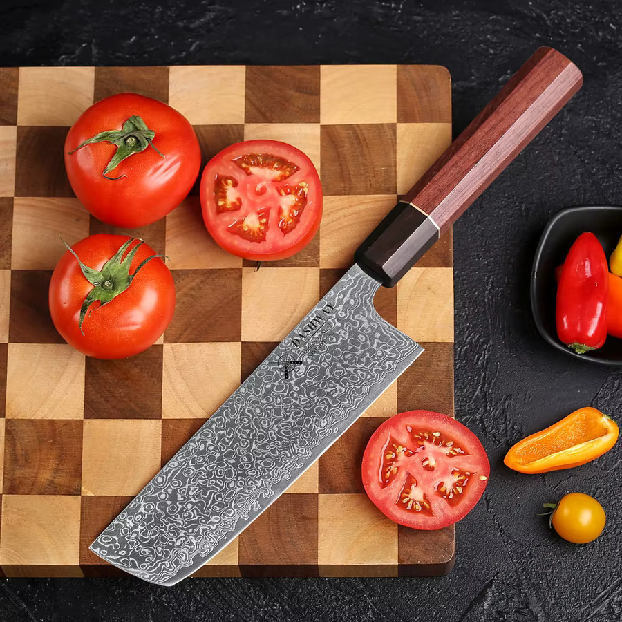 DASHWAY Nakiri Kochmesser aus Damaszener Stahl mit Holzgriff, handgefertigtes Profi-Küchenmesser für Fleisch und Gemüse, 16,5 cm - Bild 3