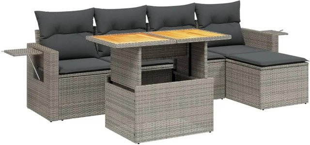 vidaXL 6-teilige Garten-Sofagarnitur aus Poly-Rattan und Akazienholz in Grau mit Kissen - Bild 1