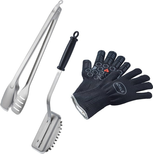 Rösle Barbecue Premium-Set 3-tlg. bestehend aus Grillzange, Grillhandschuhen aus Meta-Aramidfasern und Reinigungsbürste in Silber und Schwarz - Bild 1