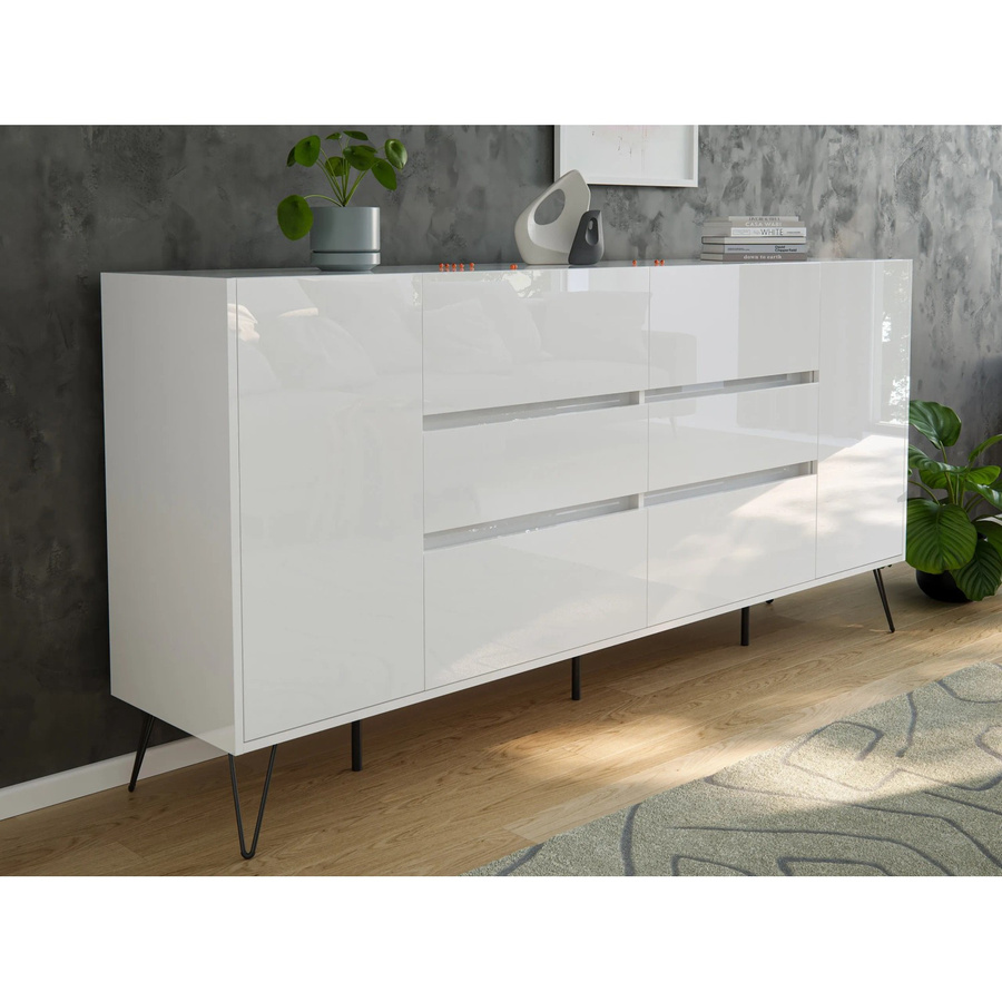 Posseik Sideboard Industrial R mit 6 Schubladen und 2 Türen in Weiß Hochglanz, Breite: 200 cm - Bild 2