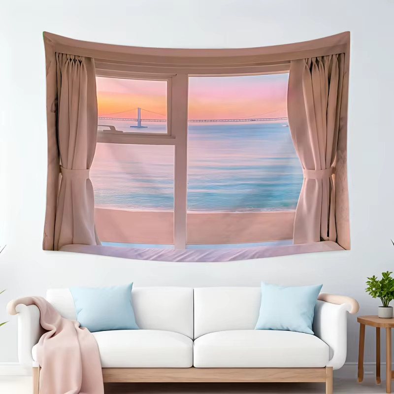 VIKAMA Wandteppich mit Meereslandschaft und Sonnenuntergang in Rosa-Lila, dekorativer Textil-Wandteppich für deine Wandgestaltung, 75 x 75 cm - Bild 2