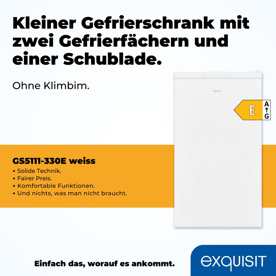 Exquisit GS5111-330E Gefrierschrank in Weiss, Standgerät mit E-Energieeffizienzklasse und umkehrbarer Tür - Bild 1