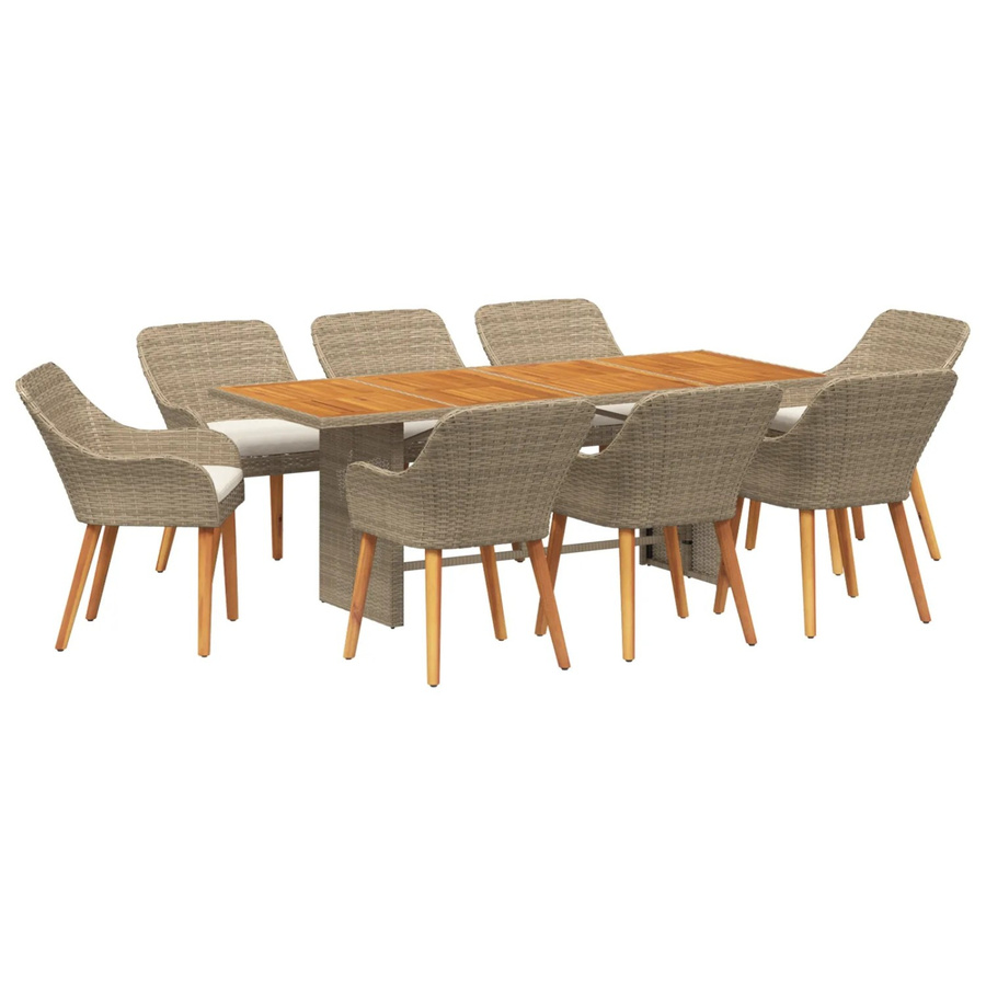 vidaXL 9-teiliges Garten Esstisch Set aus Poly Rattan und Akazienholz in Beige - Bild 2