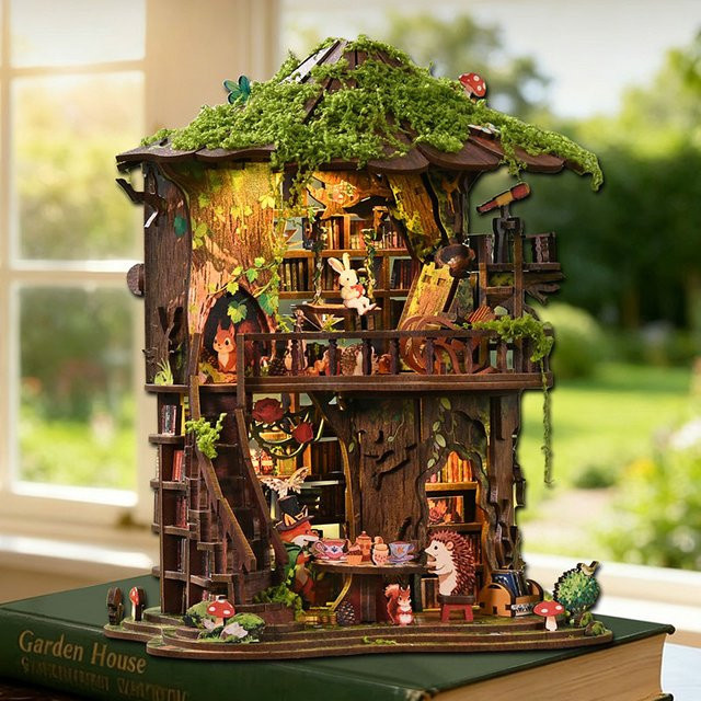 zuuton DIY Holz-Puppenhaus Buchnische, Miniatur-Modellbausatz, mit LED-Beleuchtung - Bild 1