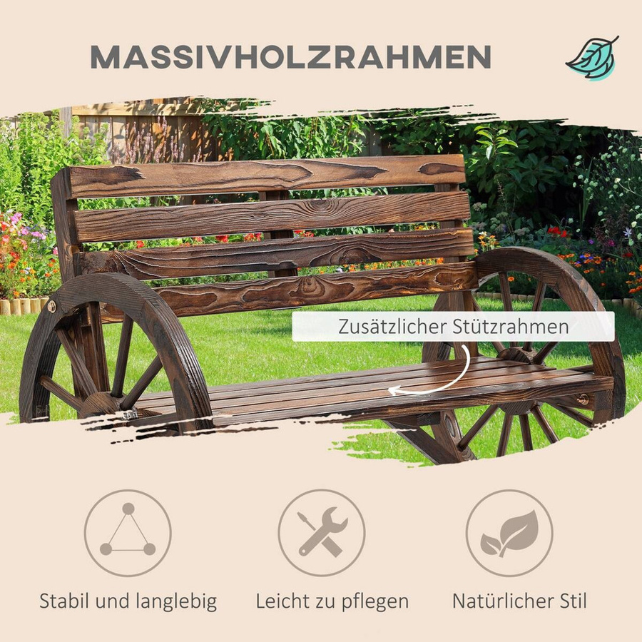 Outsunny Gartenbank 2-Sitzer aus Tannenholz im Landhausstil mit Wagenrad-Armlehnen, Braun, B/T/H: 105,5 x 56 x 79 cm - Bild 5