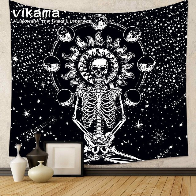VIKAMA Horror-Schädel Wandteppich in Schwarz im Boho-Stil für deine Halloween-Dekoration, B/H: 75 x 75 cm - Bild 1
