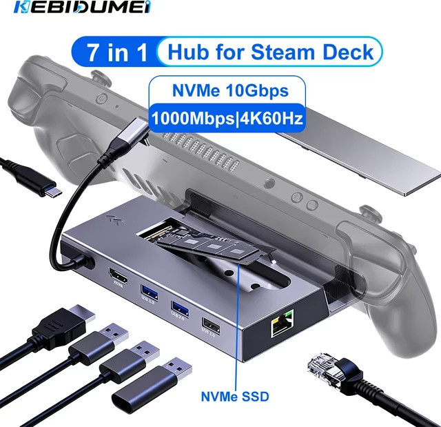 KEBIDUMEI 7-in-1 USB-C Dockingstation für Steam Deck mit NVMe SSD-Gehäuse, HDMI 4K60Hz, 100W PD und Gigabit Ethernet in Grau - Bild 1