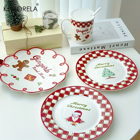 KEMORELA Weihnachts-Keramik-Geschirrset aus Porzellan mit Teller und Tassen für Dessert und Snacks