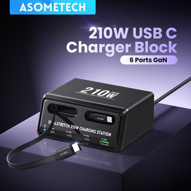 TOPZERO 6-in-1 GaN USB-C Schnellladestation mit einziehbarem Typ-C-Kabel, Power Combo Tower Ladegerät in Schwarz - Bild 1