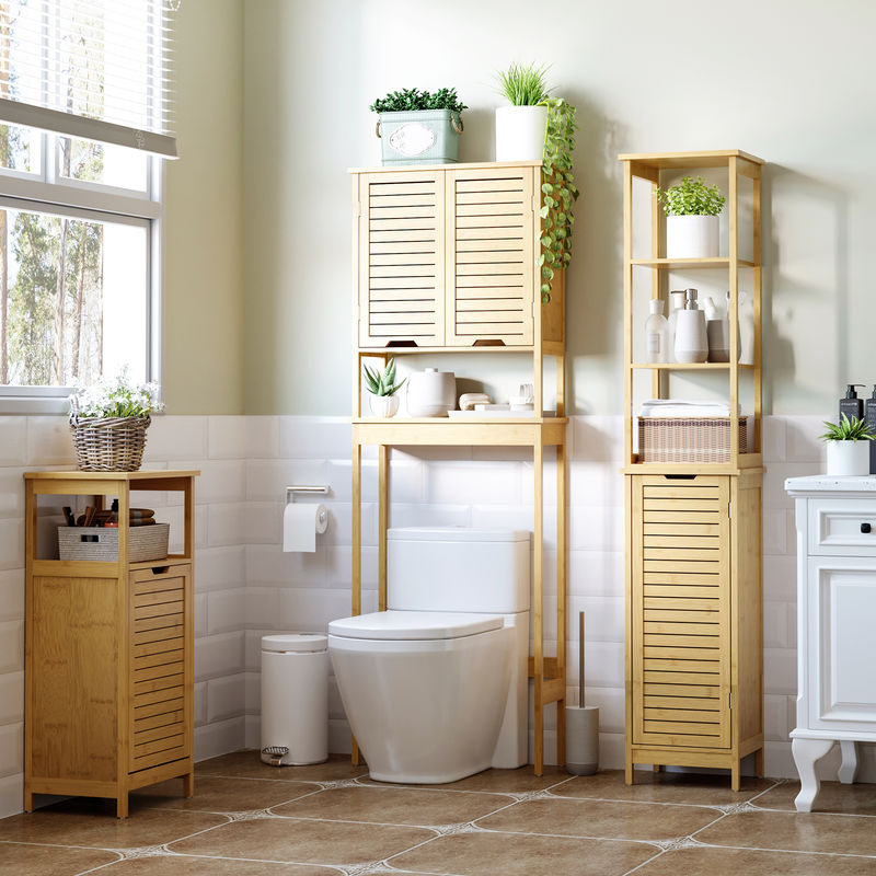 Aosom kleankin WC-Regal aus Bambus mit 2 Türen und offenem Regal, Farbe Braun, B/T/H: 60 x 23 x 173 cm - Bild 2