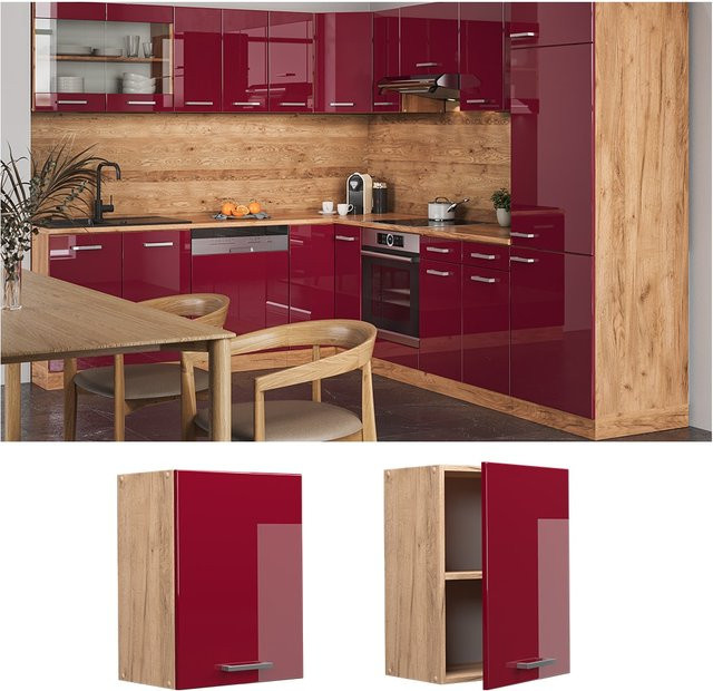 Vicco Hängeschrank R-Line Küchenschrank Eiche Bordeaux Hochglanz mit Fächern Breite: 45 cm, Höhe: 81,9 cm, Tiefe: 31 cm - Bild 1