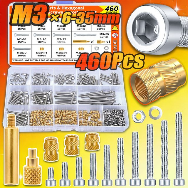 BOVILEVR 460-teiliges M3 Gewindeeinsatz-Set mit Wärmeeinpressmuttern, Sechskantschrauben und Unterlegscheiben für 3D-Druck PLA PETG ABS - Bild 1