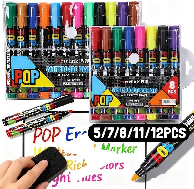 POP Whiteboard-Marker-Set mit Bullet-Spitze, abwischbar und nachfüllbar, ungiftig, 8 bis 12 Farben - Bild 1