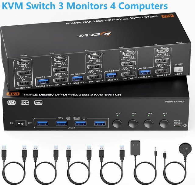 AIMOS KVM-Switch für 3 Monitore mit HDMI und DisplayPort, 8K@60Hz/4K@144Hz, USB 3.0 Dreifach-Monitorschalter für 2 bis 4 Computer, Schwarz - Bild 1