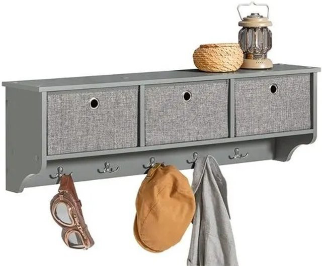 SoBuy Wandgarderobe FRG282-HG aus MDF und Vlies in Grau mit 3 Körben und 5 Haken - Bild 1