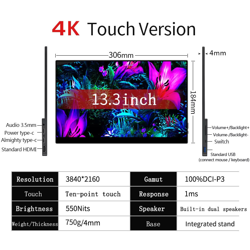 VCHANCE Tragbarer 13,3 Zoll 4K UHD OLED Monitor mit Touchscreen und Metallrahmen in Schwarz für Laptop, Xbox, Nintendo Switch und PlayStation - Bild 6