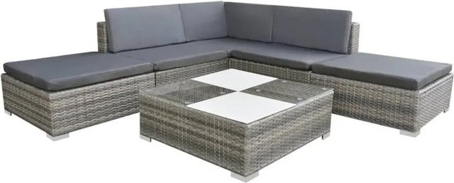 vidaXL 6-tlg. Garten-Lounge-Set aus Poly-Rattan in Grau mit Kissen und Glastisch - Bild 1