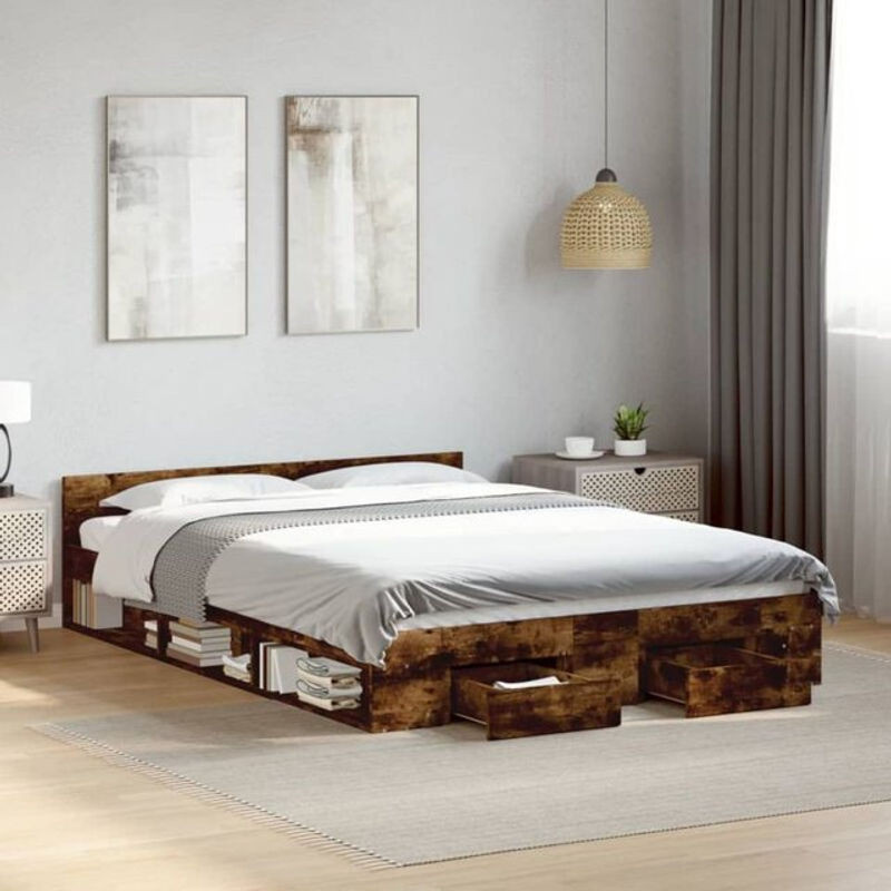 vidaxl Funktionsbett mit Schubladen aus Holzwerkstoff in Räuchereiche Braun B/T/H: 140 x 190 cm - Bild 1