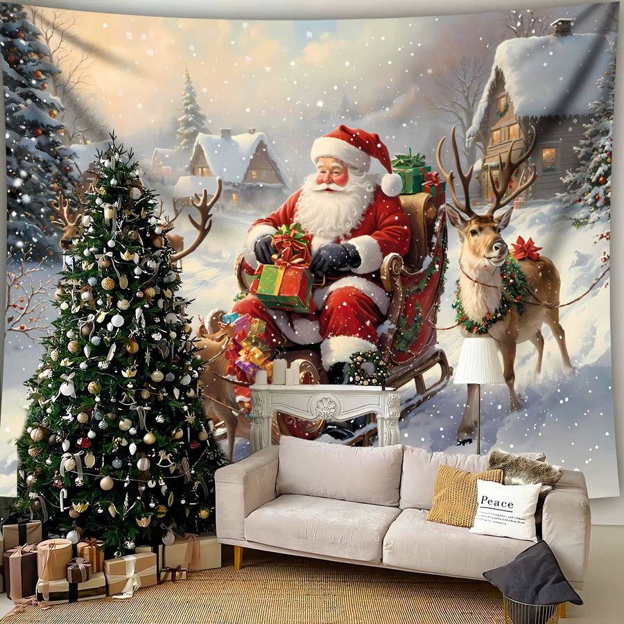 VIKAMA Wandteppich mit Weihnachtsmann, Kutsche und Elch als Weihnachtsdeko für Wohnzimmer, Schlafzimmer oder Büro - Bild 2
