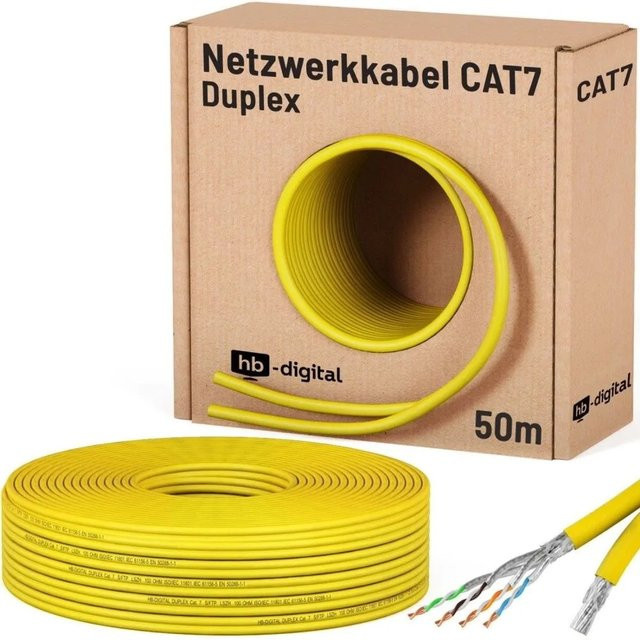 hb-digital CAT 7 Duplex Ethernet LAN Kabel S/FTP AWG23 LSZH Gelb, 50 m - Bild 1