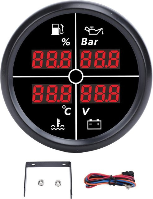 DIYelecs 4-in-1 Multifunktionsanzeige Digitalanzeige für Kraftstoffstand, Öldruck, Wassertemperatur und Voltmeter, 52mm, Schwarz - Bild 1