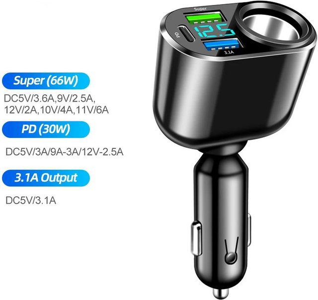 YJMP Auto Parts Autoladegerät 90W mit QC3.0 und PD Schnellladeadapter sowie Digitalanzeige, USB-C, hellbraun - Bild 1