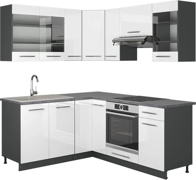 Vicco Fame-Line Eckküche in Weiß Hochglanz und Anthrazit mit Marmor-Optik, B/T/H: 160 x 190 cm - Bild 1